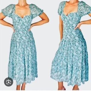 Astr The Label Midi Dress Drop Waist Puff Sleeve Blue Green Floral Women's Small